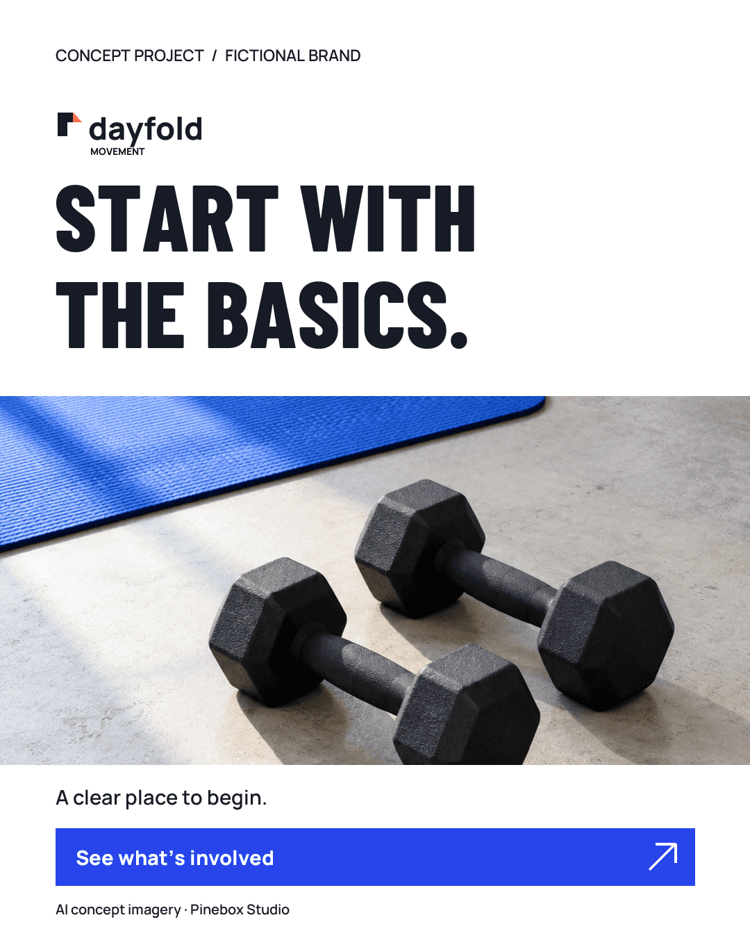 Dayfold’s white Start with the basics graphic, with a dumbbell photograph and a See what’s involved button.