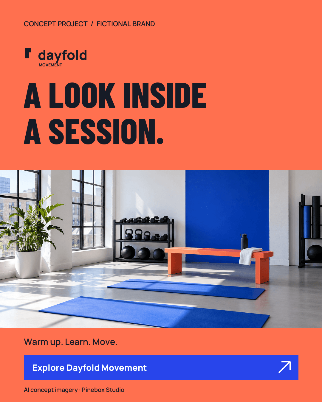 Dayfold’s coral A look inside a session graphic, with a bright studio photograph and an Explore Dayfold Movement button.