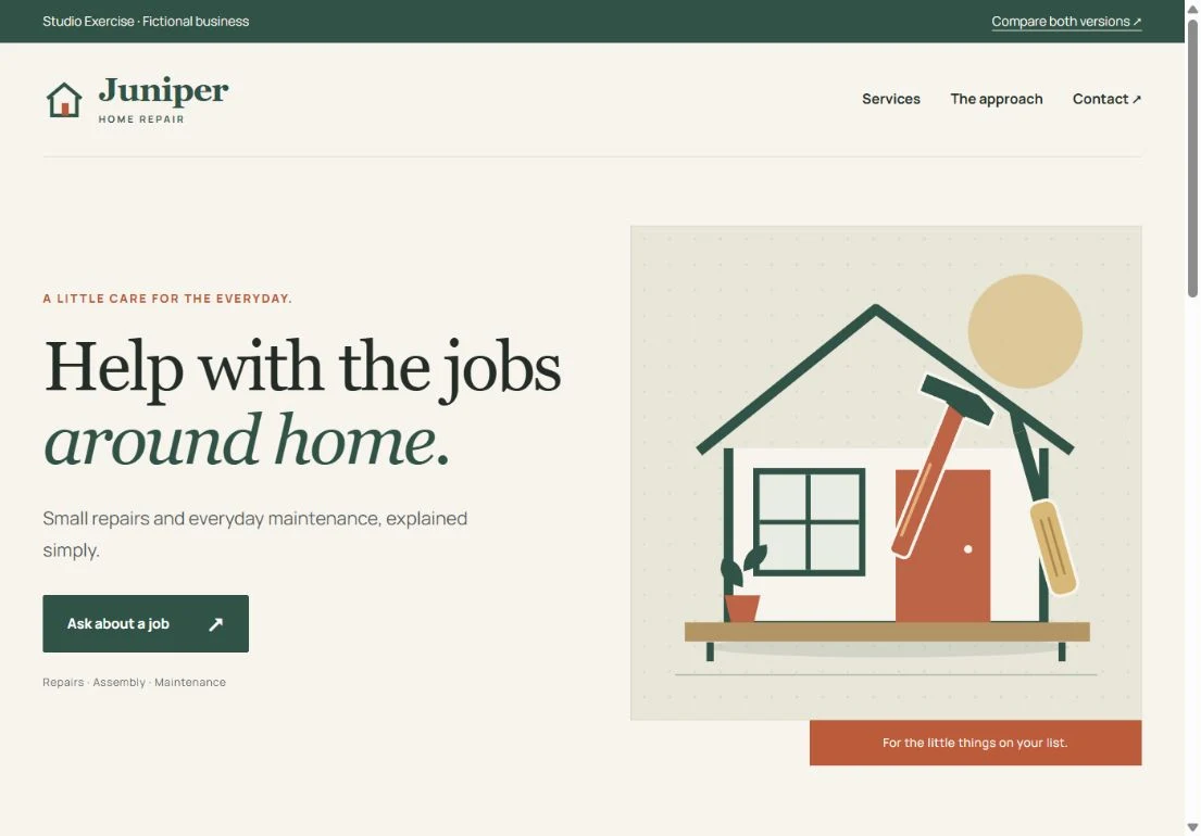 Juniper’s redesigned website with the heading Help with the jobs around home, an Ask about a job button, and a house-and-tools illustration.