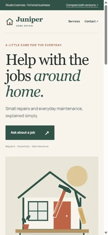 The responsive Juniper page on a phone, with a large readable heading, supporting text, and the Ask about a job button before the illustration.