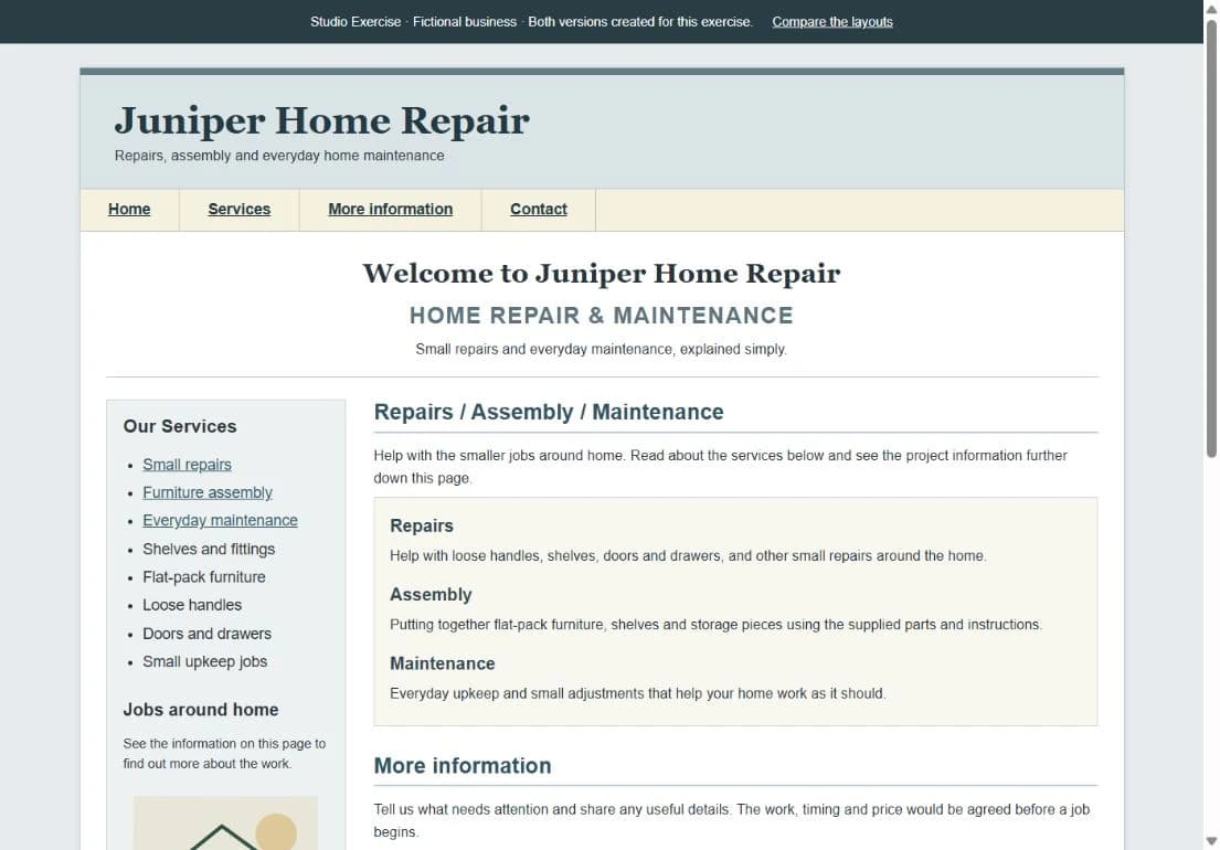 Juniper’s dated webpage with repeated headings, a service sidebar, and compact text in two fixed columns.