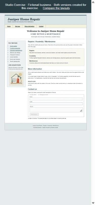 The same dated page on a phone, with desktop columns scaled down and text made small.