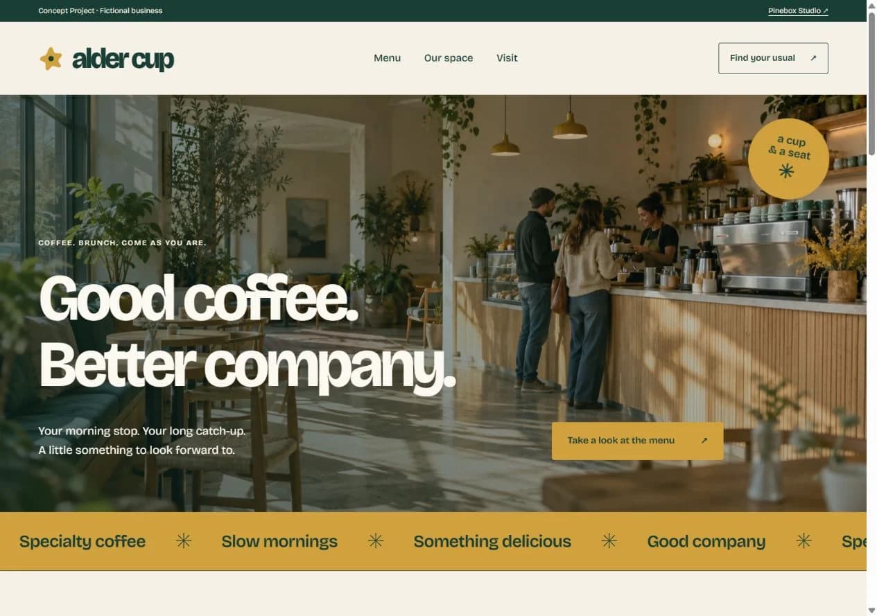 Alder Cup’s homepage showing the café interior, navigation, and Good coffee. Better company. heading.
