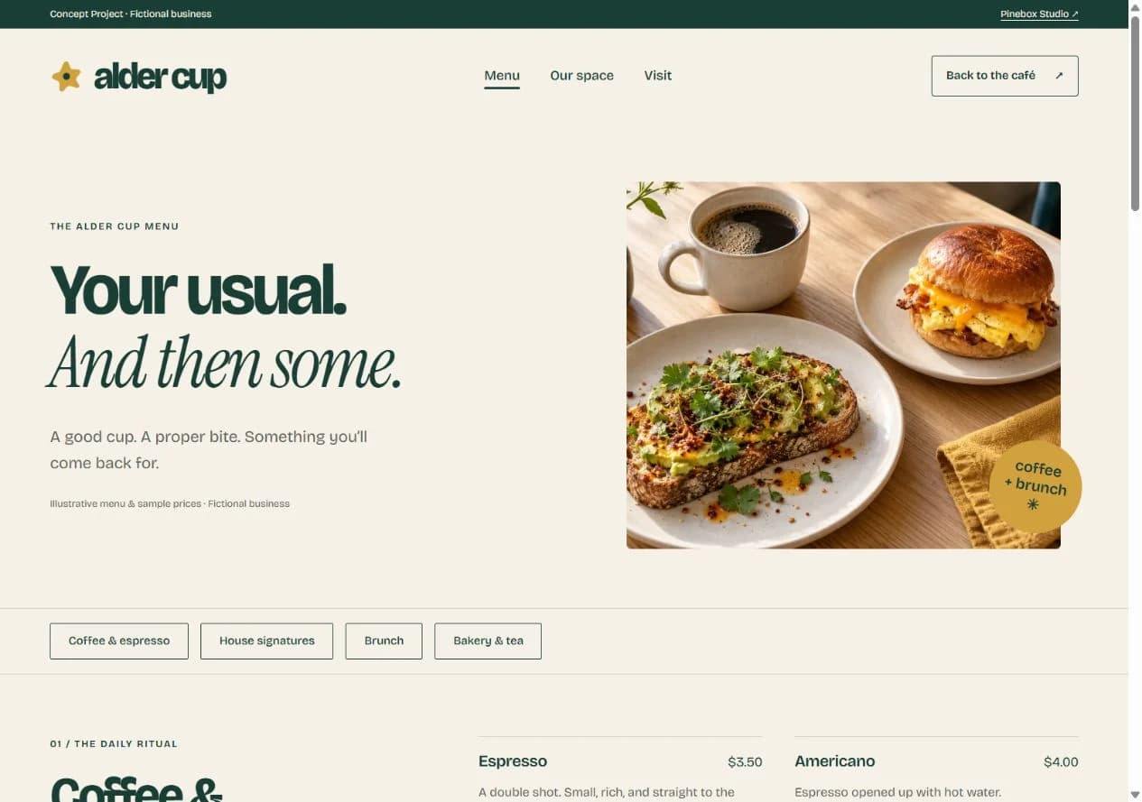 The Alder Cup menu page with coffee and brunch photography above its category links.