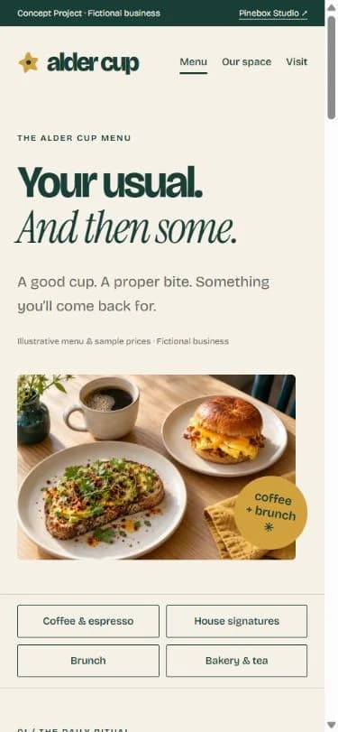 Alder Cup’s mobile menu, with a brunch photo and four easy-to-reach category links.