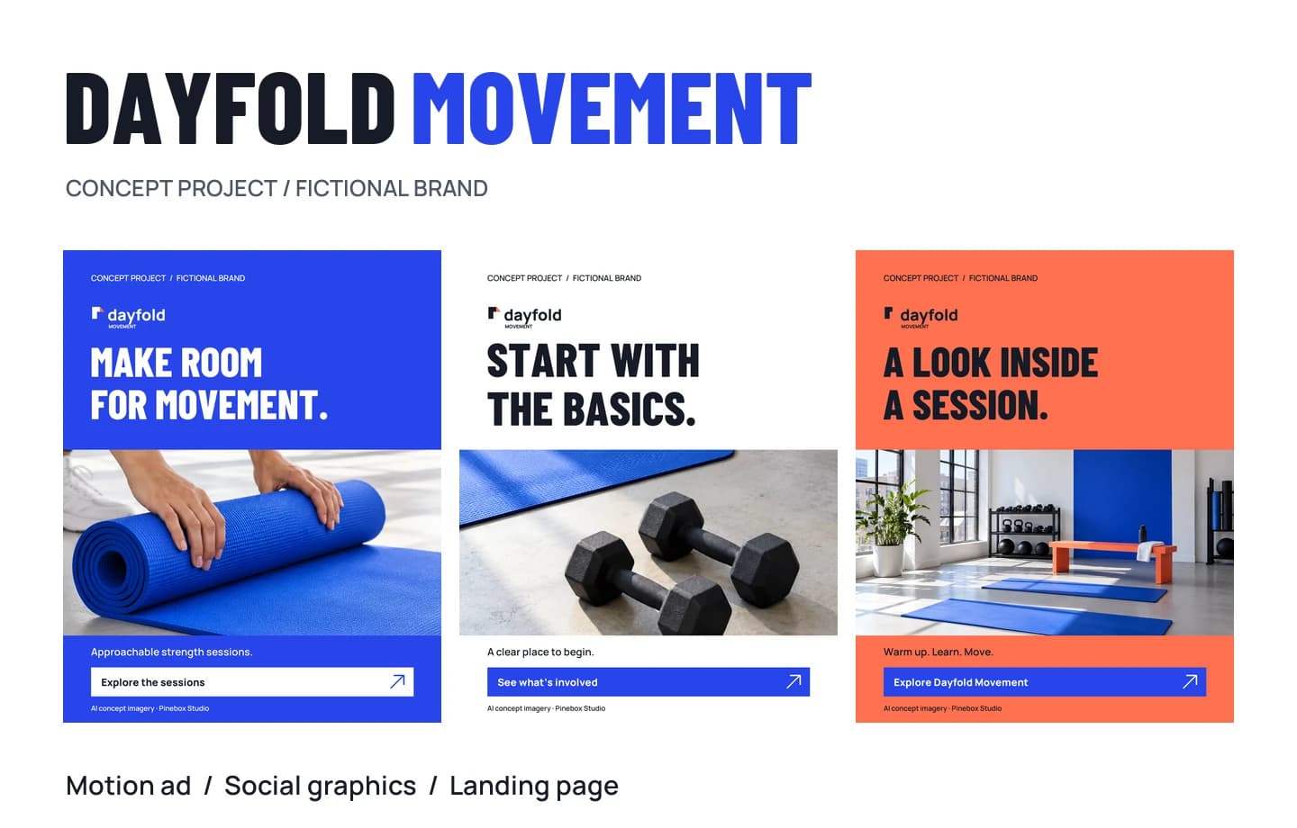 The three Dayfold Movement social graphics, using cobalt, white, and coral backgrounds with bold headlines and studio photographs.