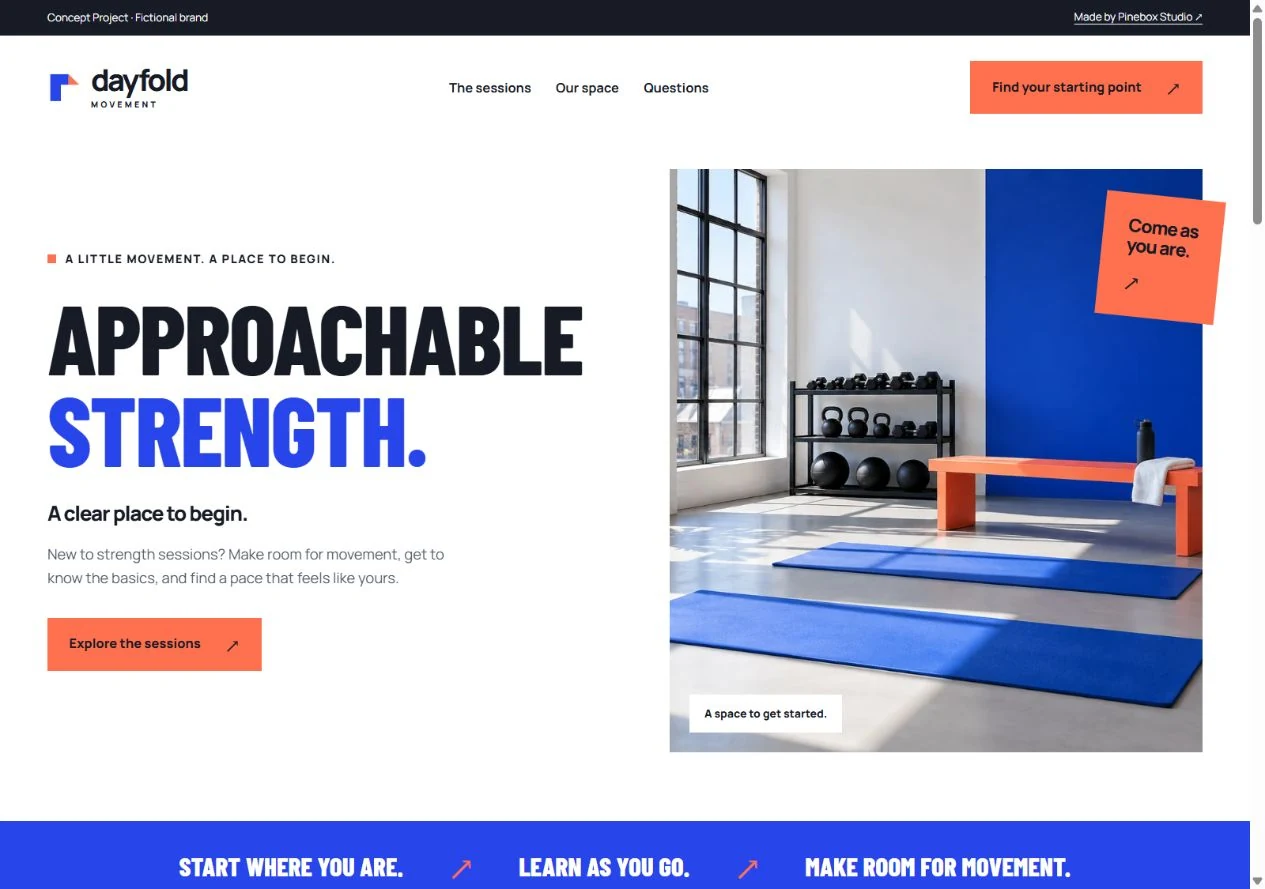 Dayfold’s desktop landing page with an Approachable strength headline, cobalt type, and a bright studio photograph.