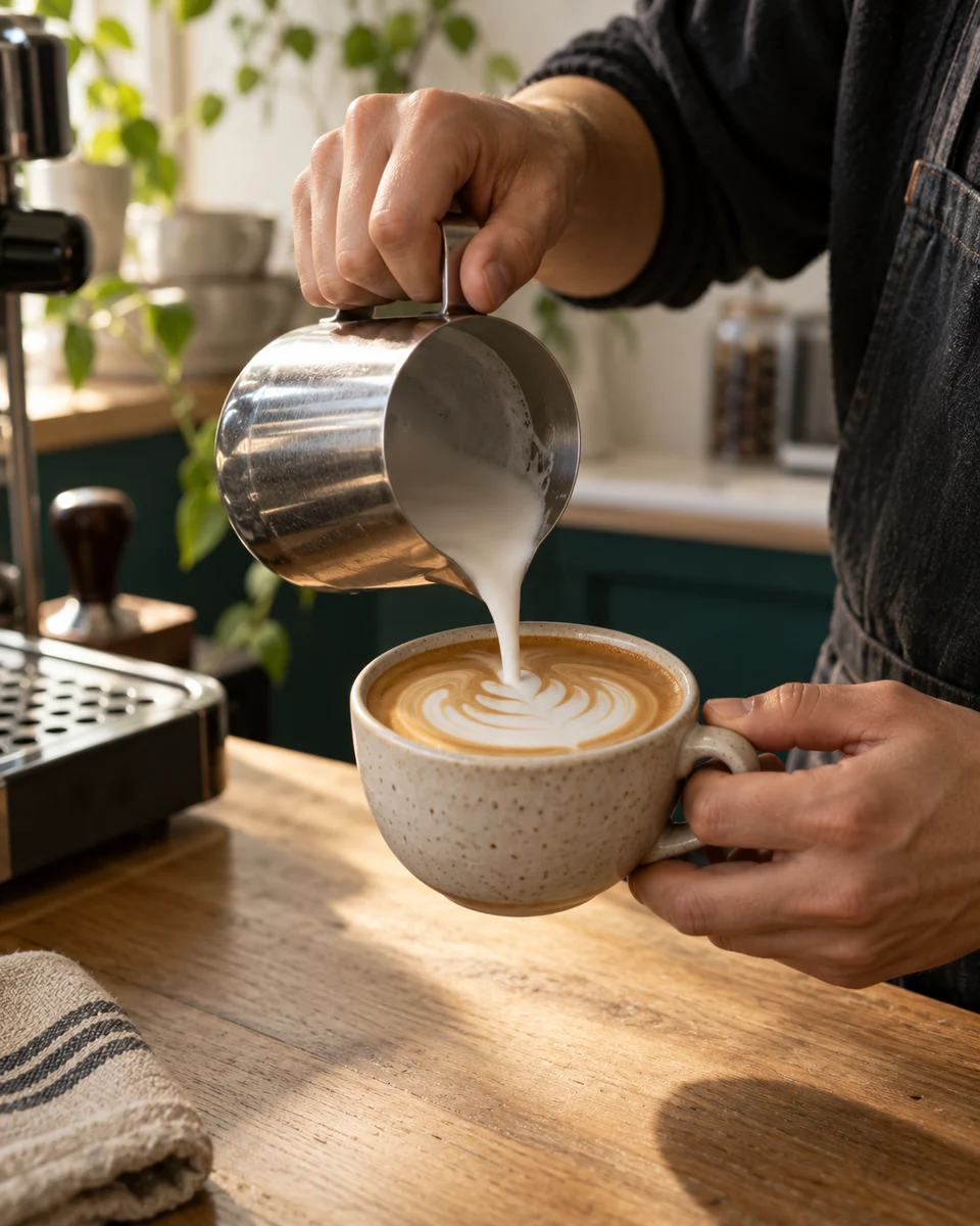 A barista pouring milk into a cappuccino, created for this fictional café.