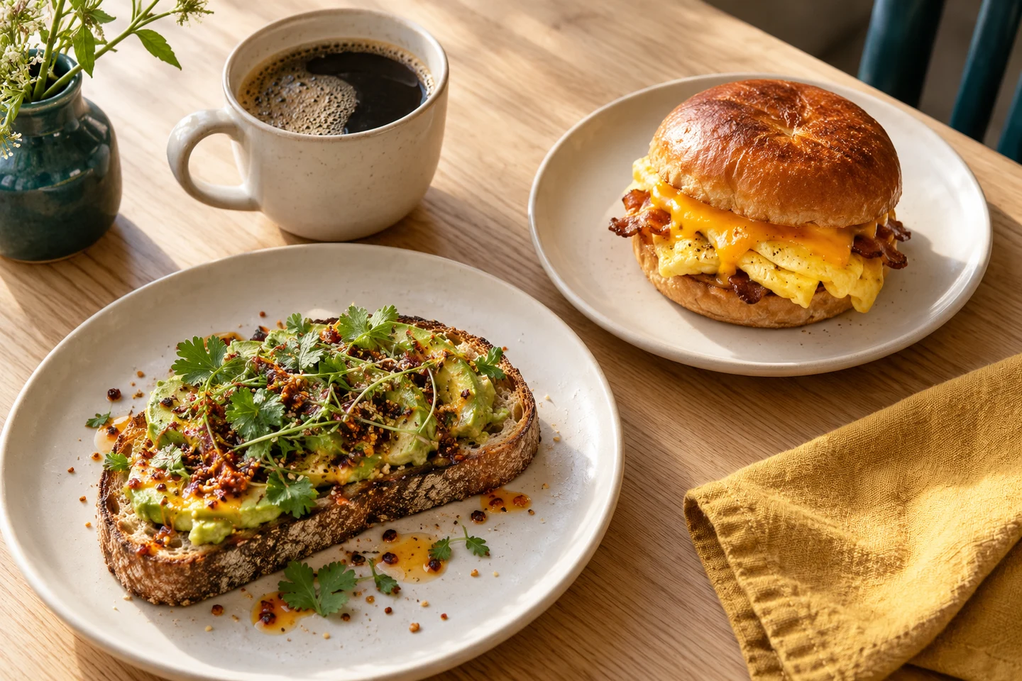 Concept photograph of avocado toast, a breakfast sandwich, and coffee.