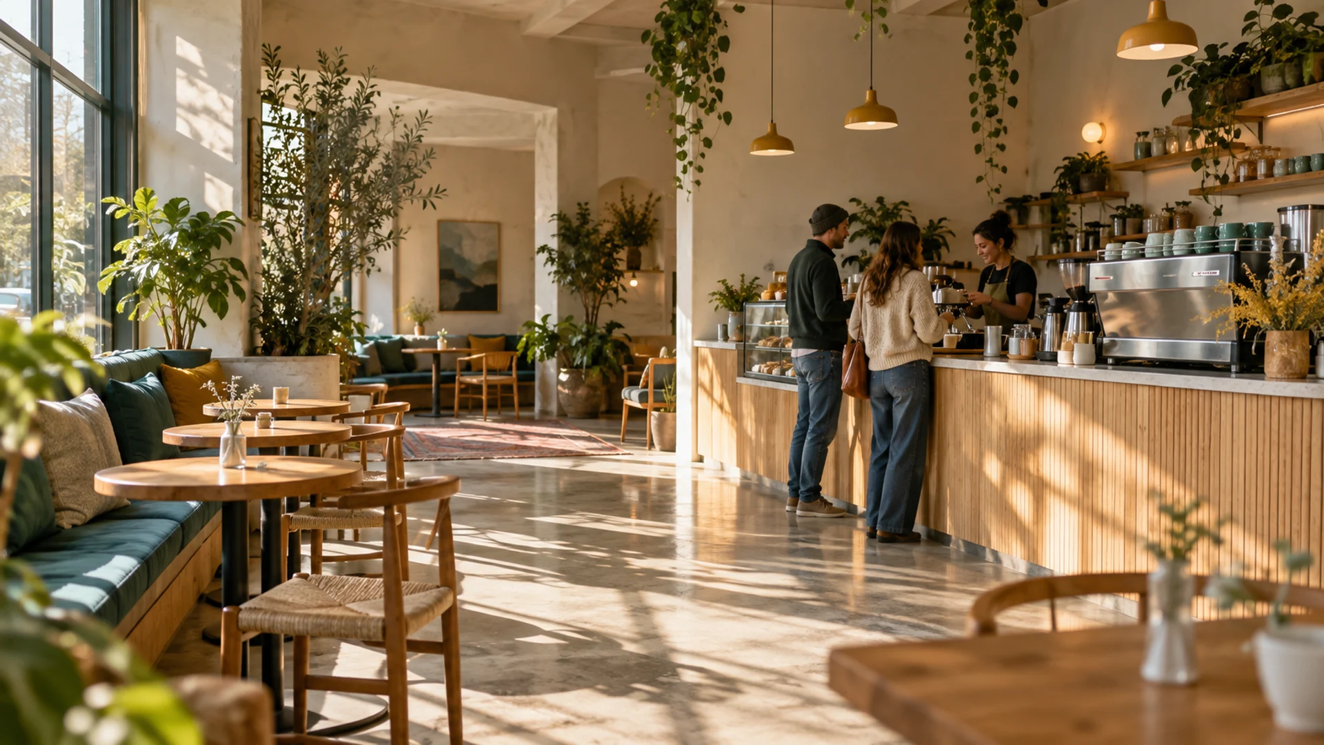 Fictional café concept: a sunlit coffee bar with plants, a barista, and guests.
