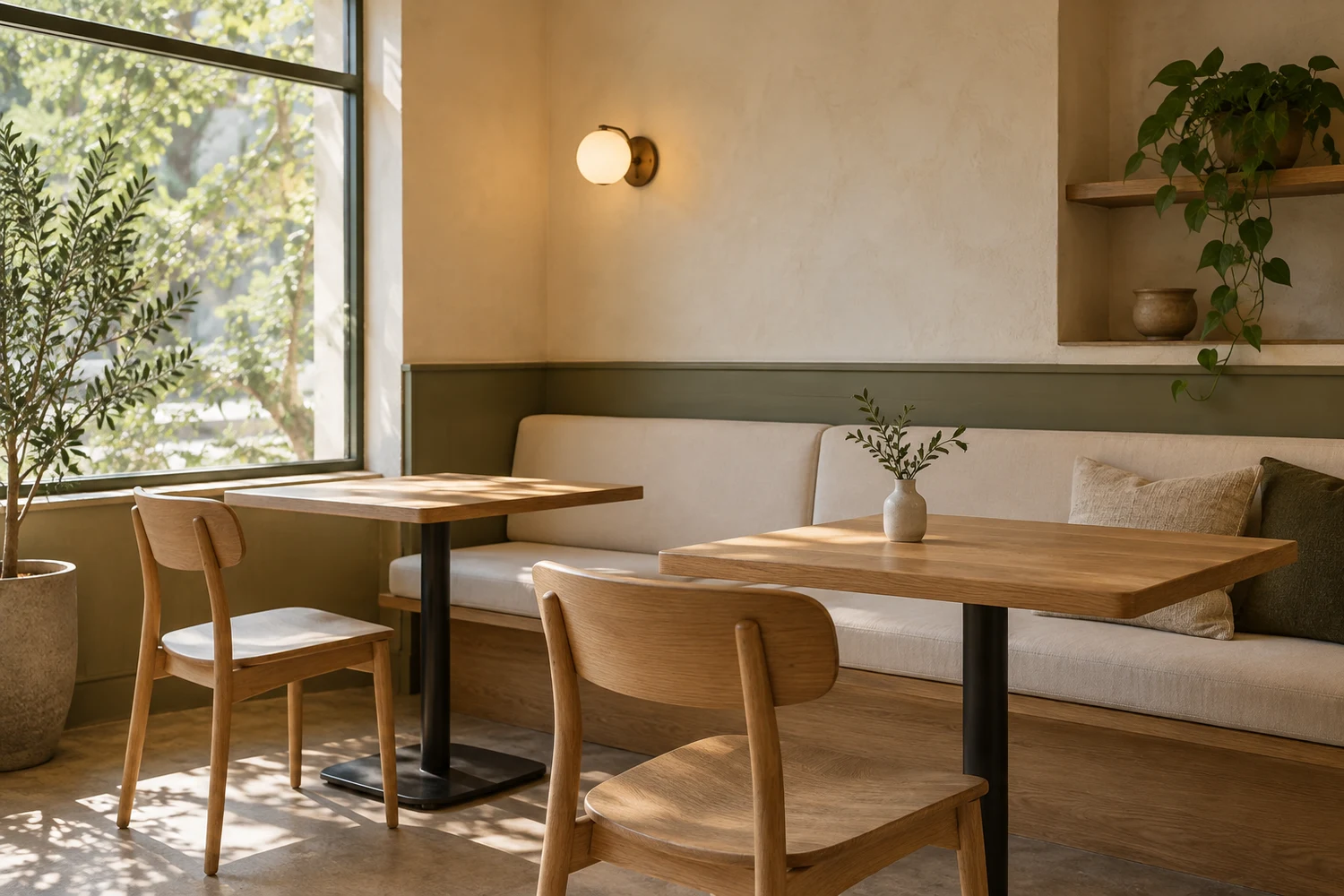 An imagined café corner with oak tables and comfortable seating.
