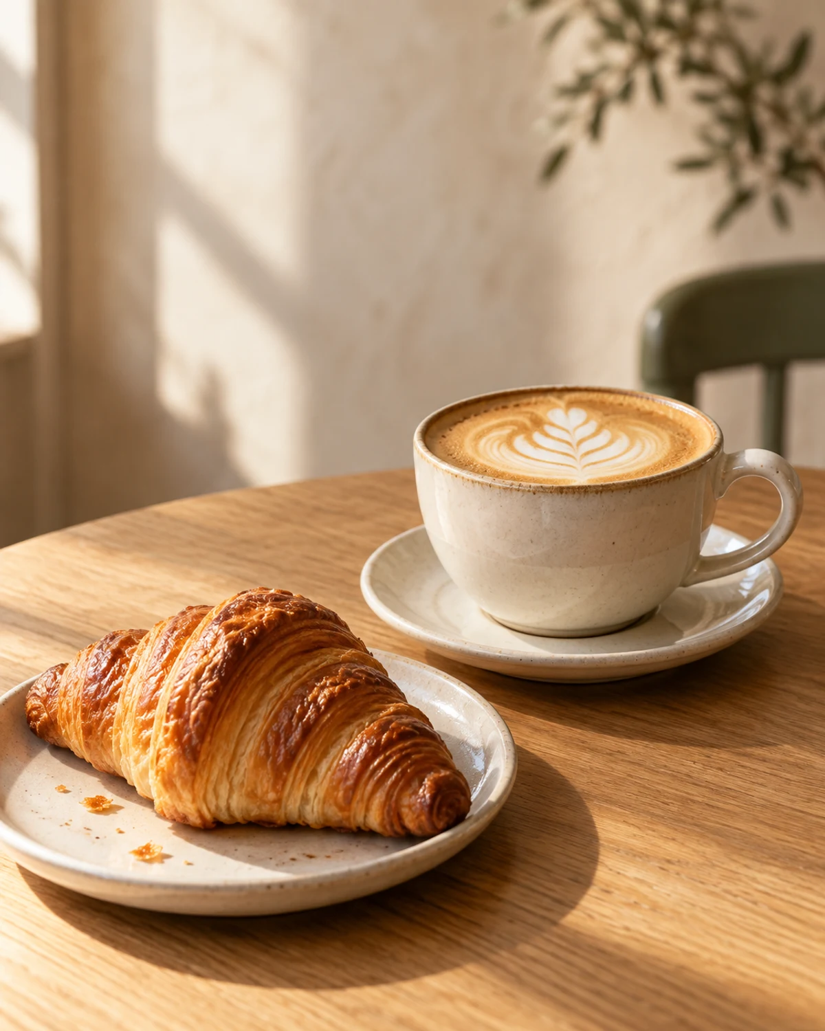A cappuccino and croissant in warm window light, created for this concept.