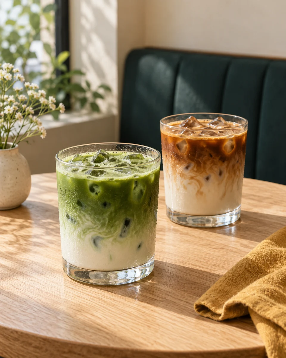 Iced matcha and oat latte drinks, made as concept imagery.