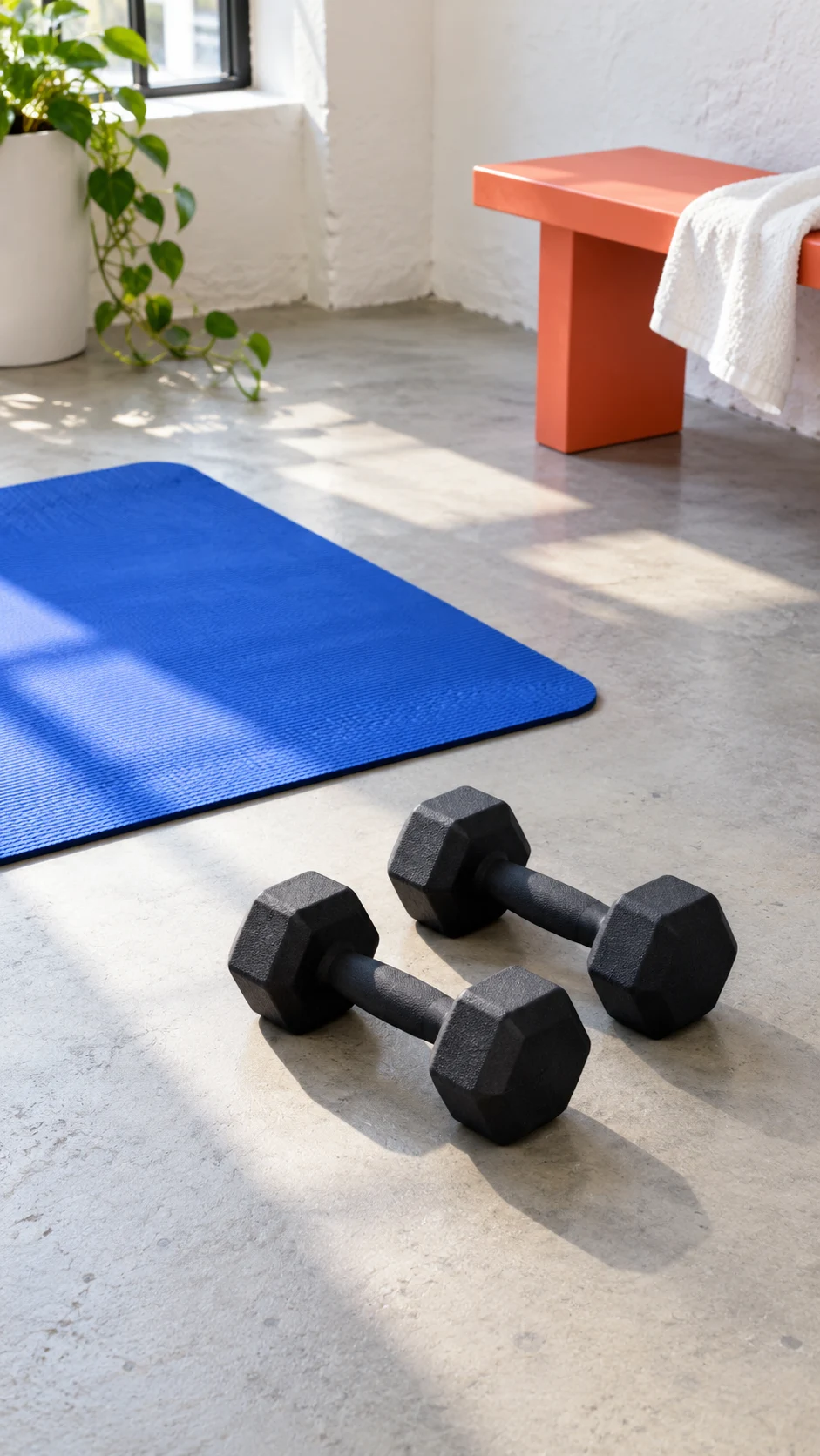 A pair of plain dumbbells beside a blue mat, created for this concept.