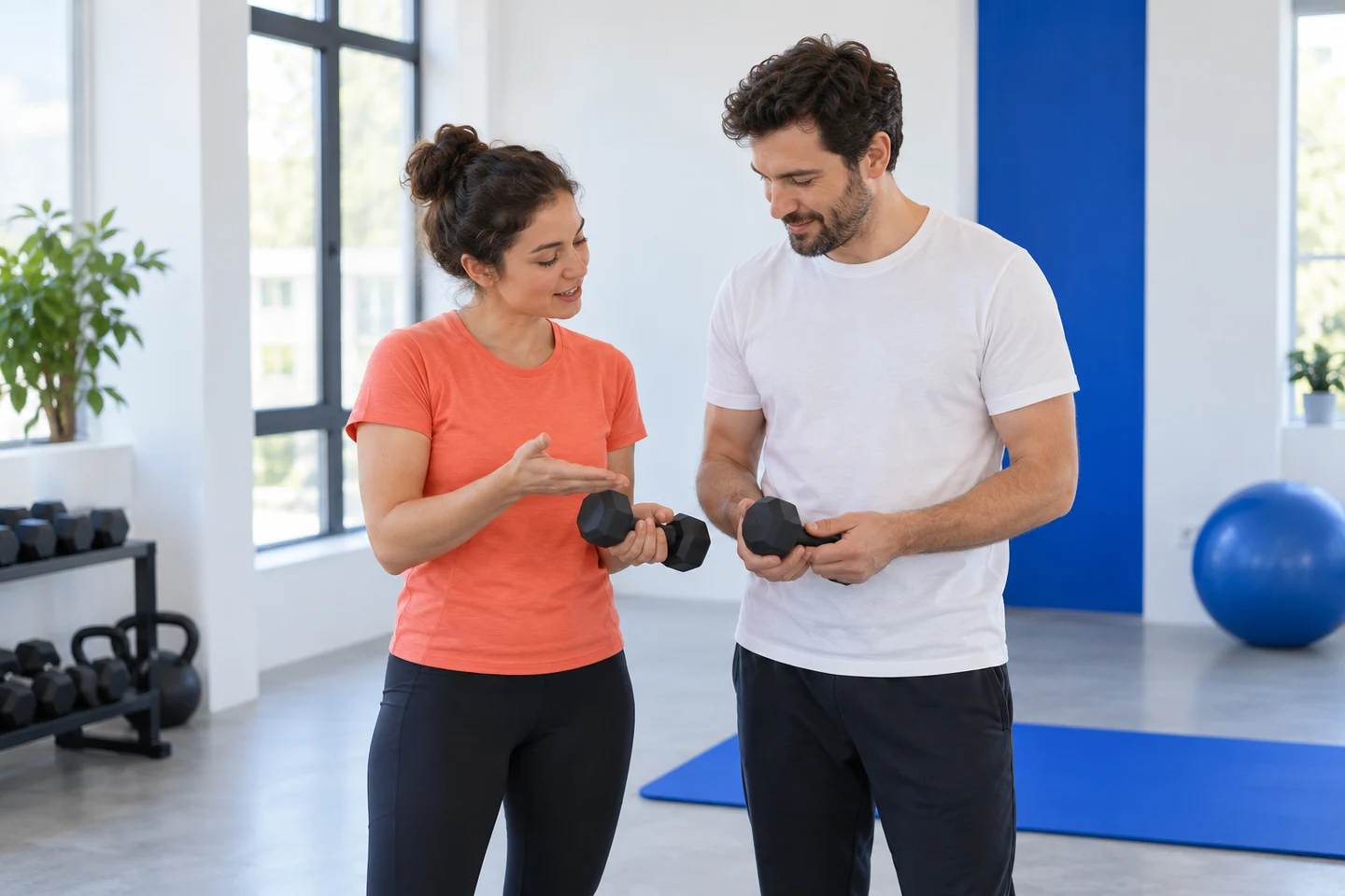 Two fictional adults talking about simple equipment in the imagined Dayfold studio.