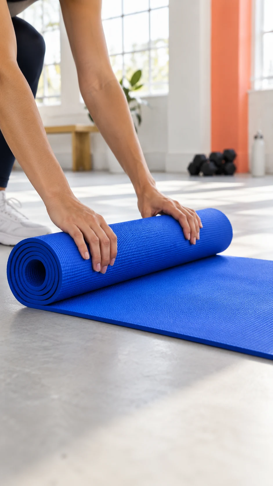 Fictional hands unrolling a blue exercise mat.