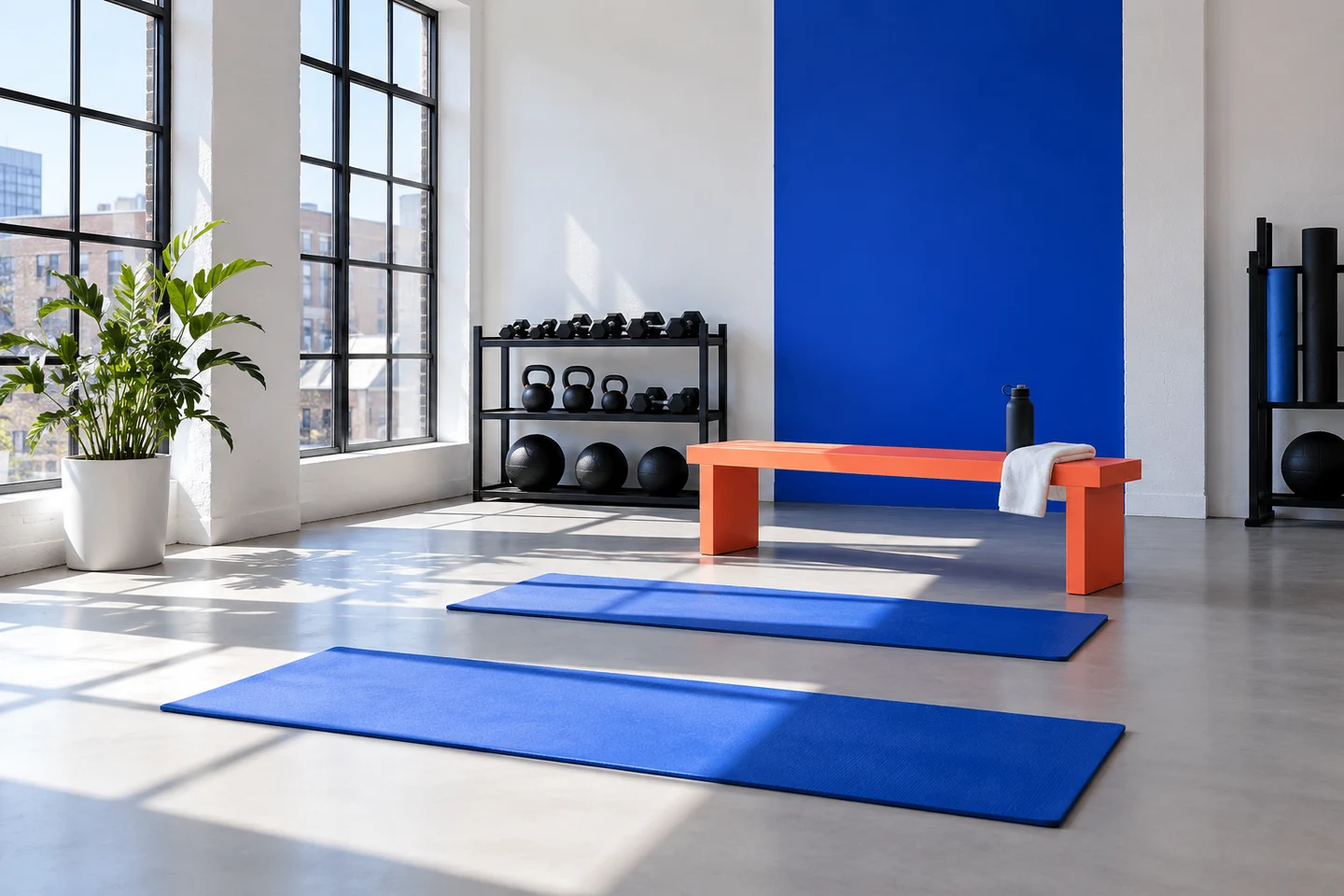 An imagined bright Dayfold studio with blue mats, a coral bench, and natural window light.