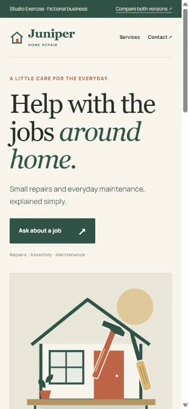 Phone screenshot of the redesign, showing a readable heading, introductory text and the inquiry button before the illustration.